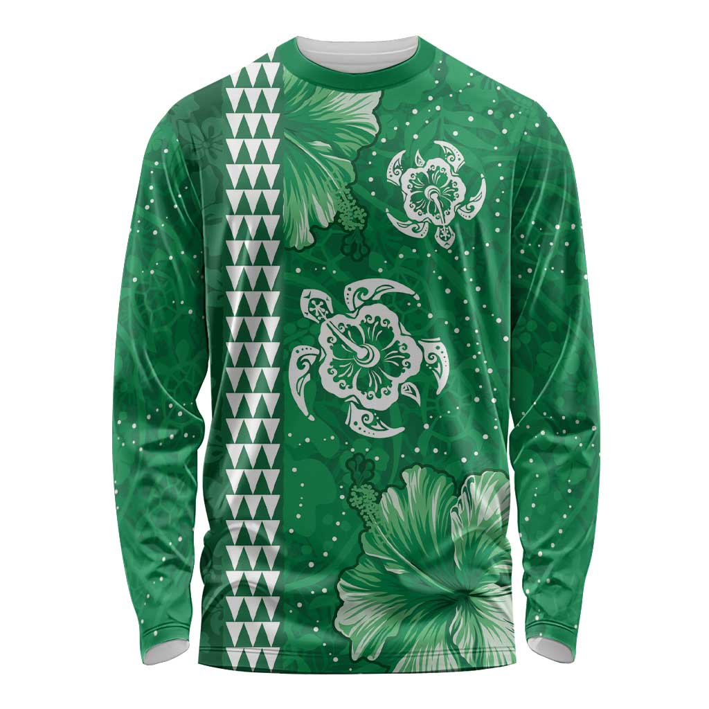 Green Hibiscus Turle Long Sleeve Shirt Hawaiian Style Tribal Tapa Pattern