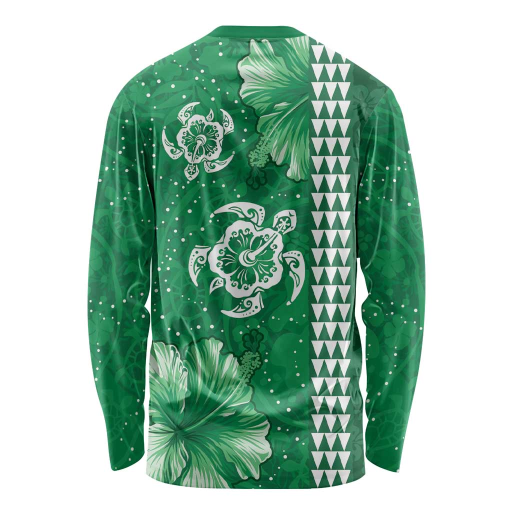 Green Hibiscus Turle Long Sleeve Shirt Hawaiian Style Tribal Tapa Pattern