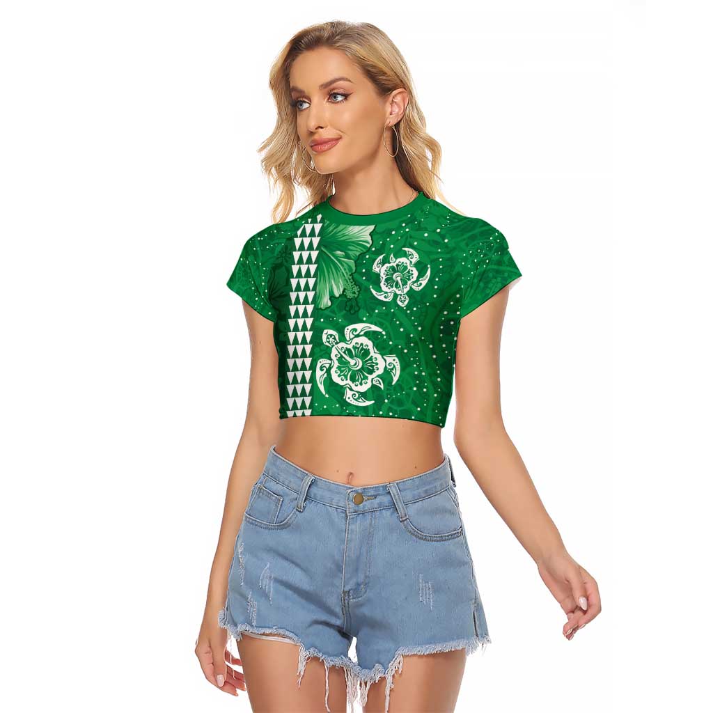 Green Hibiscus Turle Raglan Cropped T Shirt Hawaiian Style Tribal Tapa Pattern