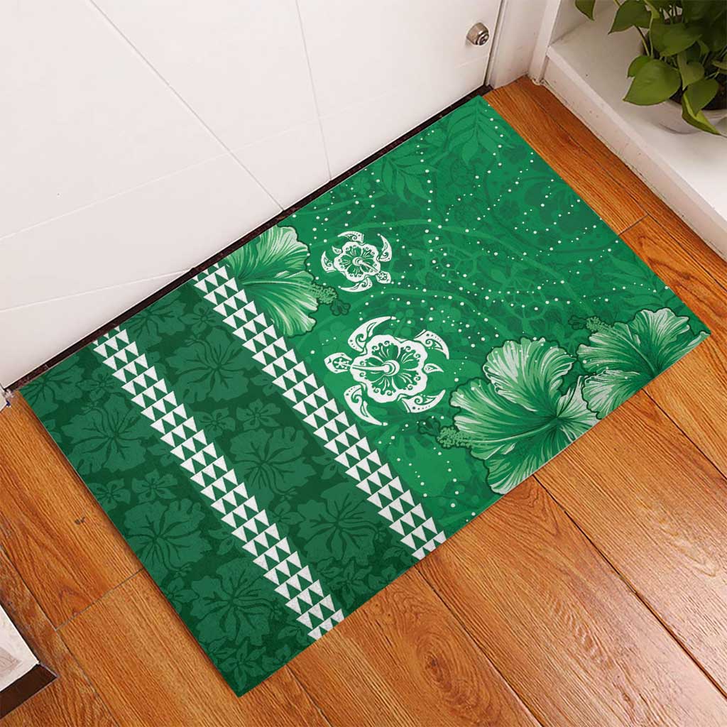Green Hibiscus Turle Rubber Doormat Hawaiian Style Tribal Tapa Pattern