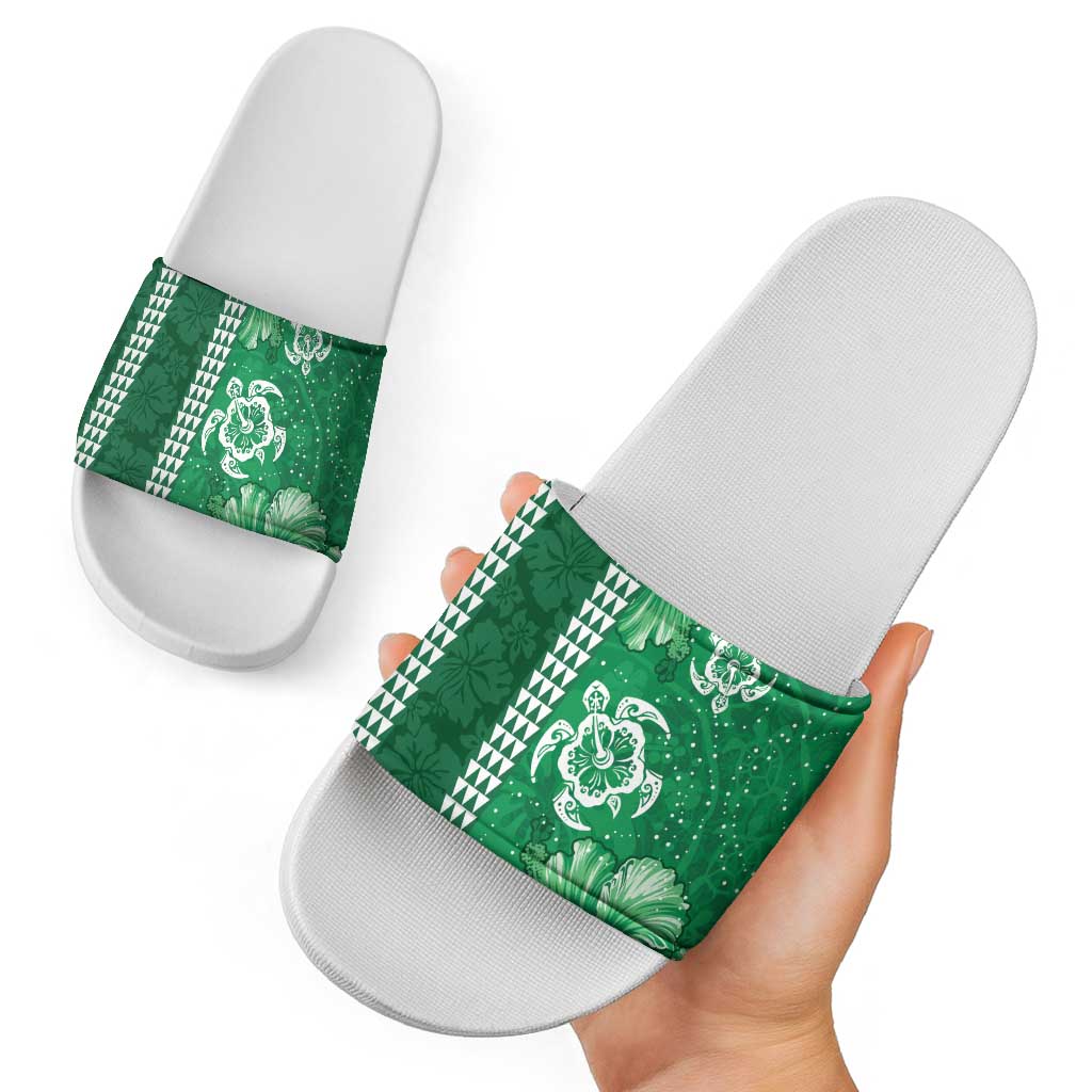 Green Hibiscus Turle Slide Sandals Hawaiian Style Tribal Tapa Pattern - Polynesian Pride