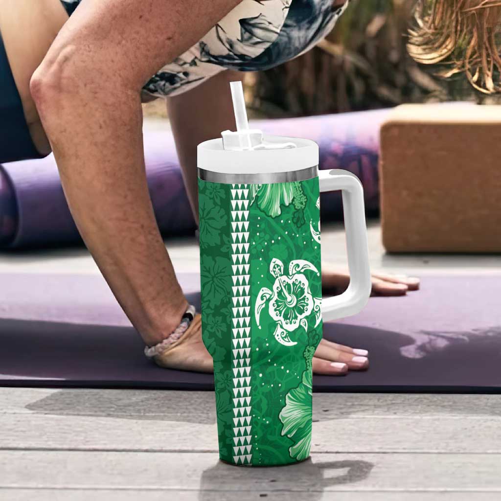 Green Hibiscus Turle Tumbler With Handle Hawaiian Style Tribal Tapa Pattern
