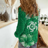 Green Hibiscus Turle Women Casual Shirt Hawaiian Style Tribal Tapa Pattern