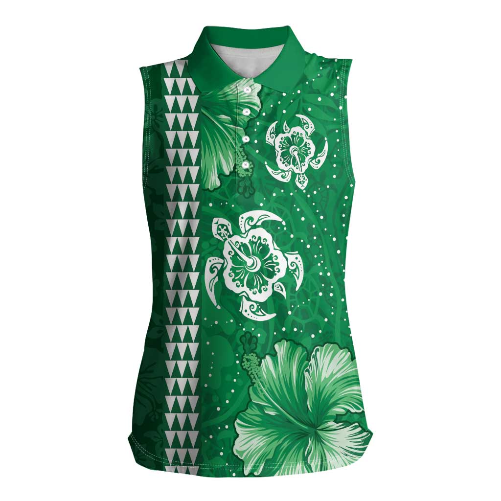 Green Hibiscus Turle Women Sleeveless Polo Shirt Hawaiian Style Tribal Tapa Pattern
