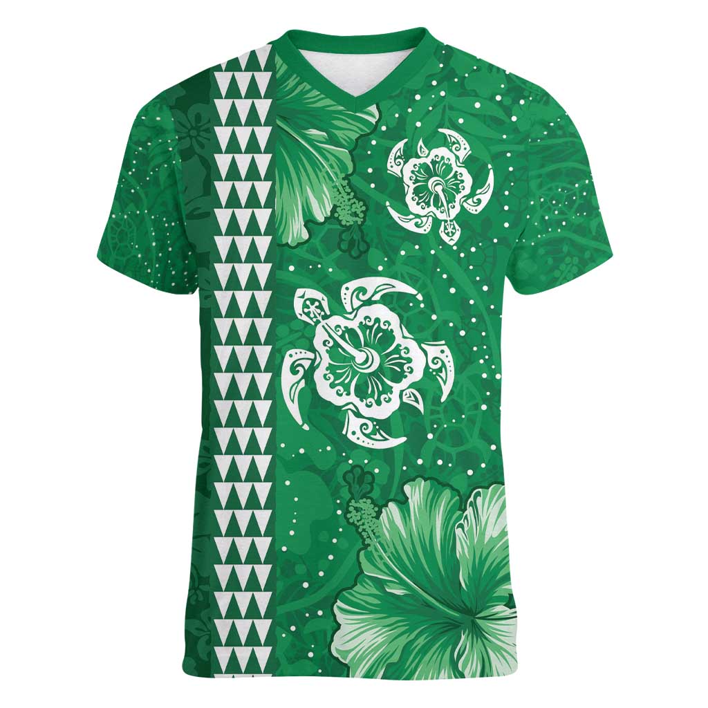 Green Hibiscus Turle Women V-Neck T-Shirt Hawaiian Style Tribal Tapa Pattern