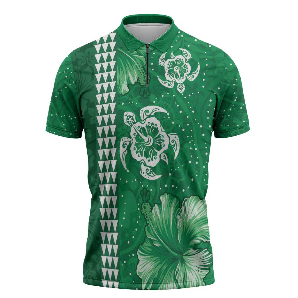Green Hibiscus Turle Zipper Polo Shirt Hawaiian Style Tribal Tapa Pattern LT9 Green - Polynesian Pride