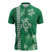Green Hibiscus Turle Zipper Polo Shirt Hawaiian Style Tribal Tapa Pattern LT9 Green - Polynesian Pride