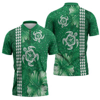 Green Hibiscus Turle Zipper Polo Shirt Hawaiian Style Tribal Tapa Pattern LT9 - Polynesian Pride