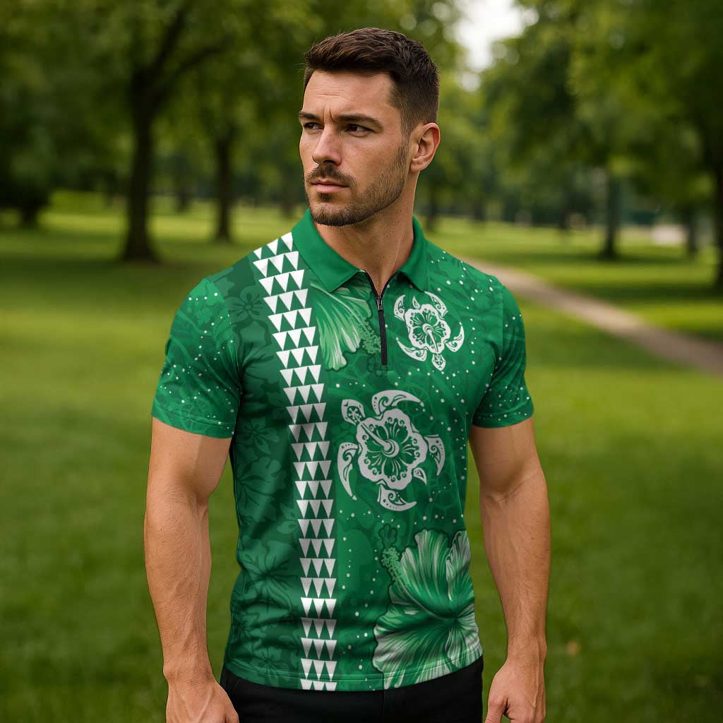 Green Hibiscus Turle Zipper Polo Shirt Hawaiian Style Tribal Tapa Pattern LT9 - Polynesian Pride