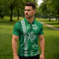 Green Hibiscus Turle Zipper Polo Shirt Hawaiian Style Tribal Tapa Pattern LT9 - Polynesian Pride