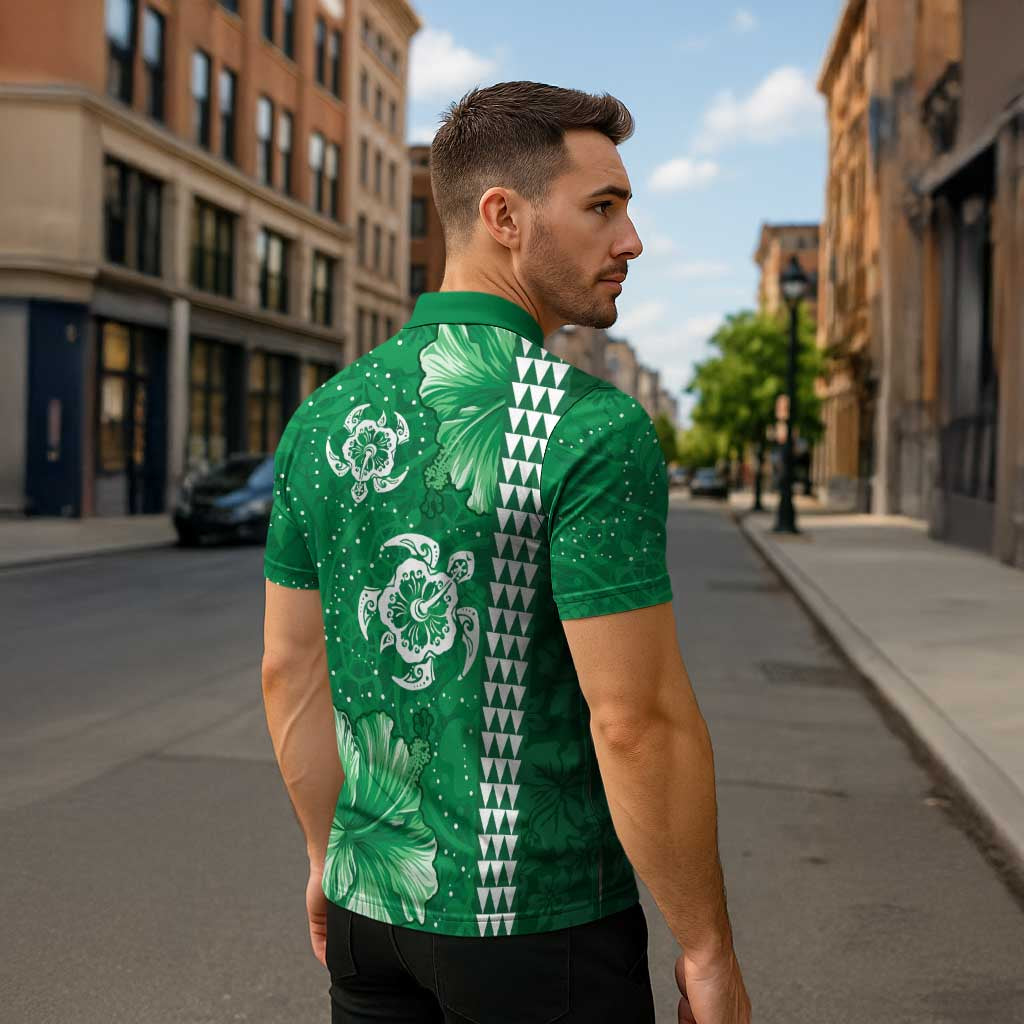Green Hibiscus Turle Zipper Polo Shirt Hawaiian Style Tribal Tapa Pattern LT9 - Polynesian Pride