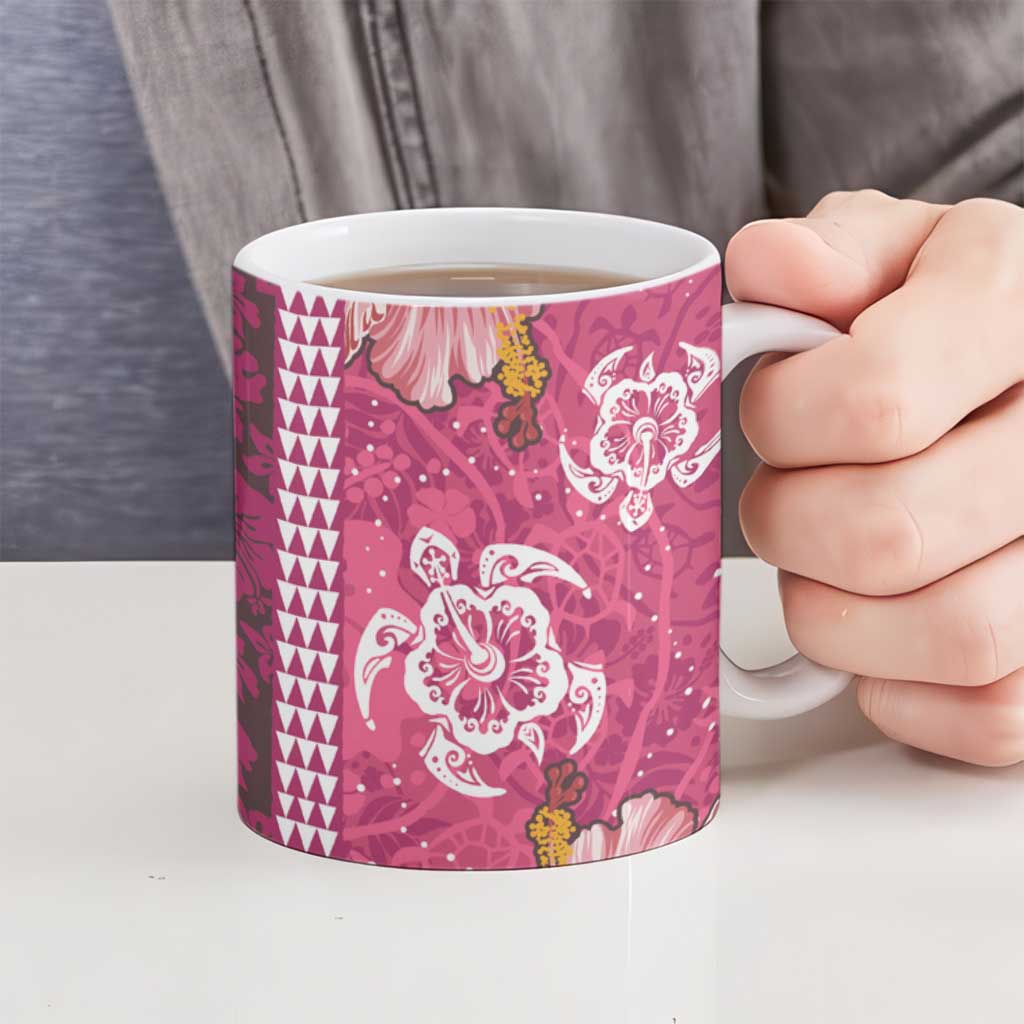Pink Hibiscus Turle Ceramic Mug Hawaiian Style Tribal Tapa Pattern - Polynesian Pride