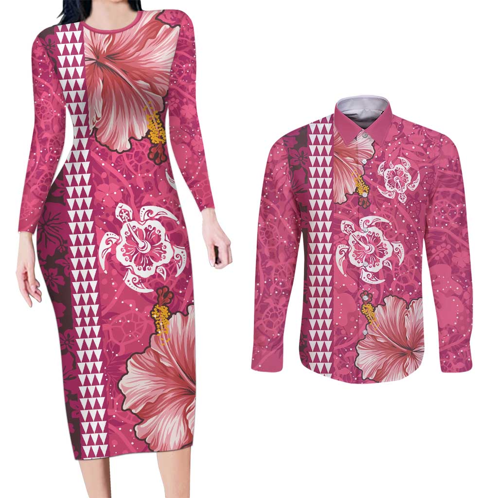 Pink Hibiscus Turle Couples Matching Long Sleeve Bodycon Dress and Long Sleeve Button Shirt Hawaiian Style Tribal Tapa Pattern LT9 Pink - Polynesian Pride