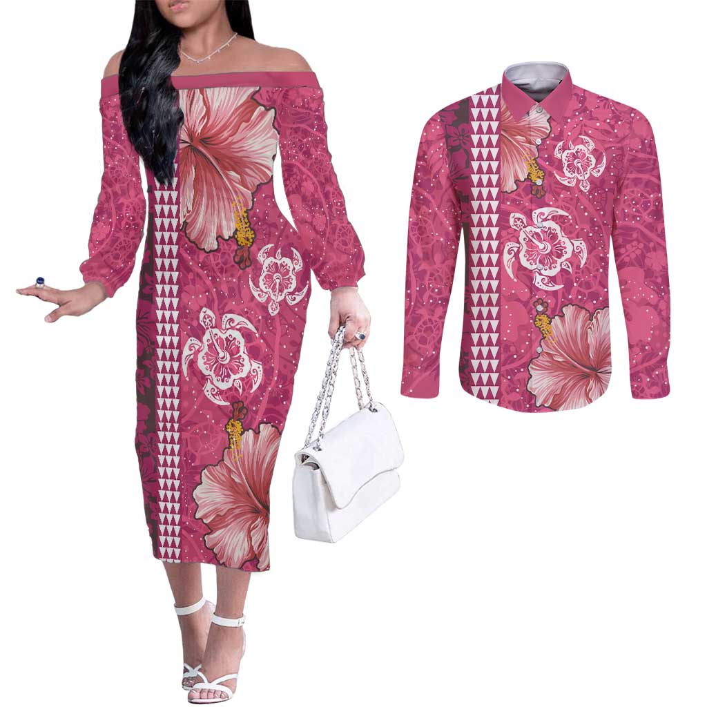 Pink Hibiscus Turle Couples Matching Off The Shoulder Long Sleeve Dress and Long Sleeve Button Shirt Hawaiian Style Tribal Tapa Pattern LT9 Pink - Polynesian Pride