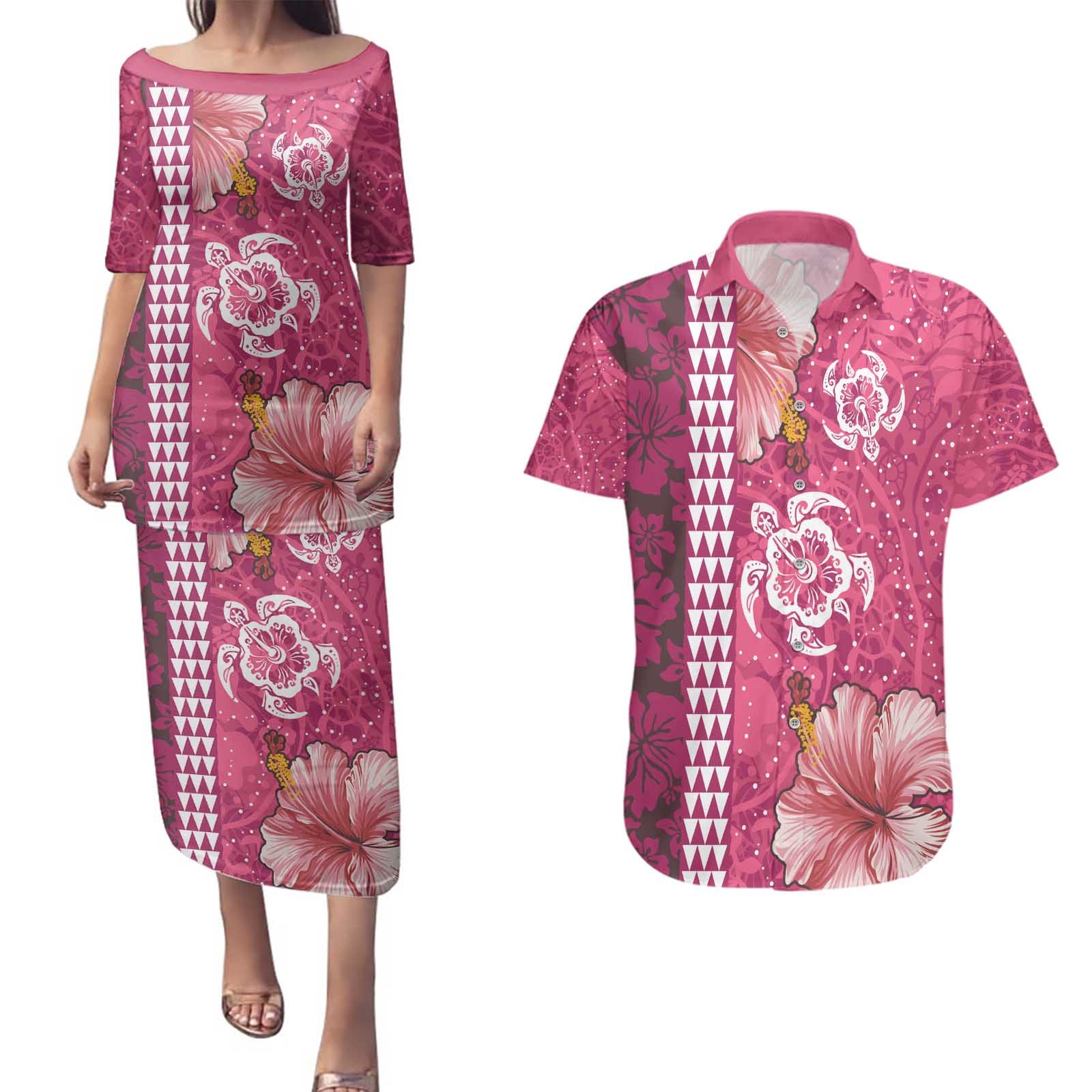 Pink Hibiscus Turle Couples Matching Puletasi and Hawaiian Shirt Hawaiian Style Tribal Tapa Pattern LT9 Pink - Polynesian Pride