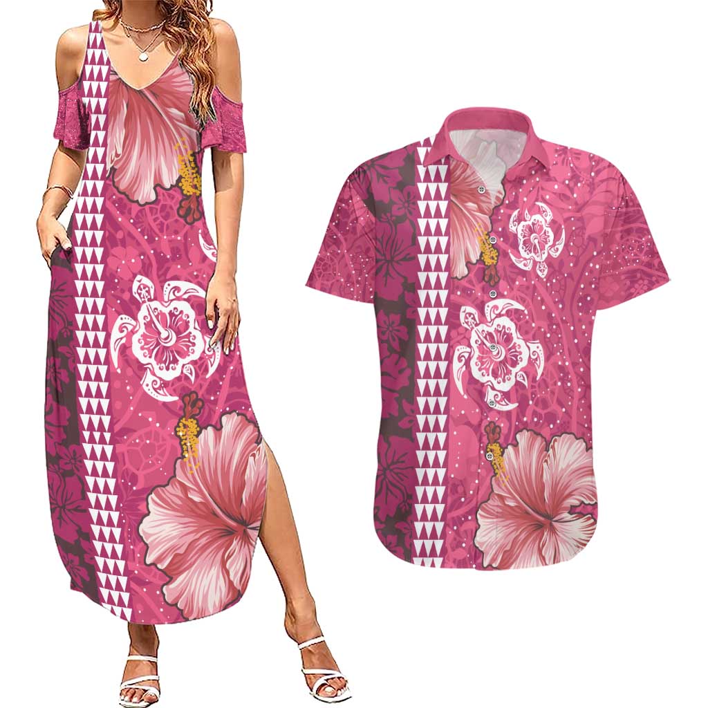 Pink Hibiscus Turle Couples Matching Summer Maxi Dress and Hawaiian Shirt Hawaiian Style Tribal Tapa Pattern LT9 Pink - Polynesian Pride