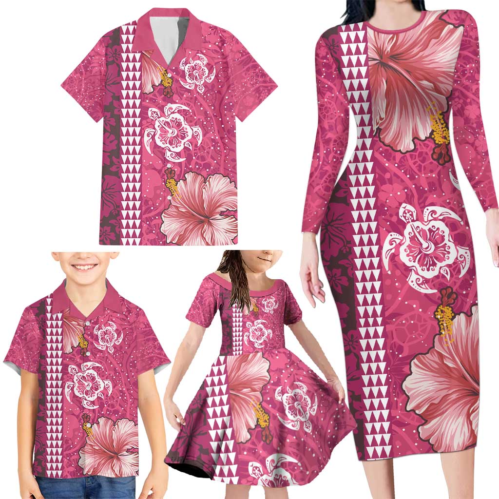 Pink Hibiscus Turle Family Matching Long Sleeve Bodycon Dress and Hawaiian Shirt Hawaiian Style Tribal Tapa Pattern LT9 - Polynesian Pride