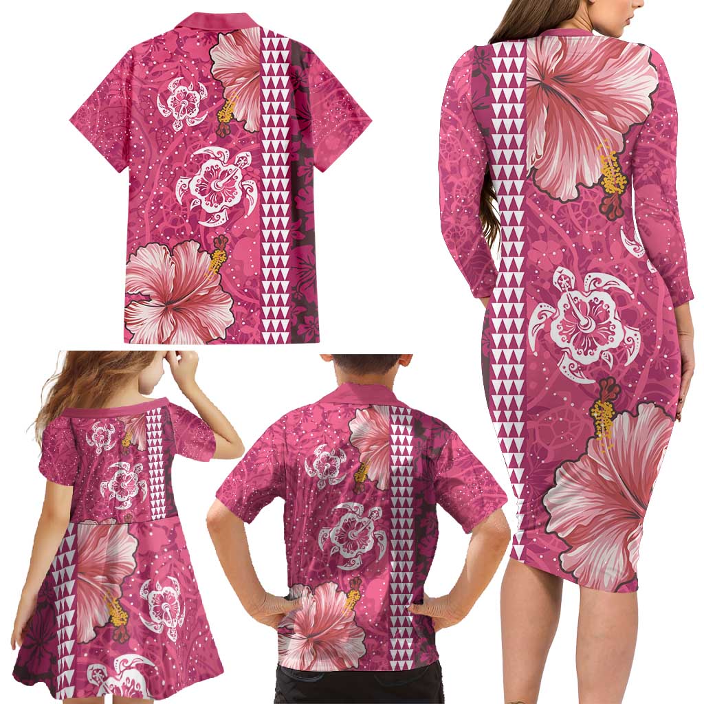 Pink Hibiscus Turle Family Matching Long Sleeve Bodycon Dress and Hawaiian Shirt Hawaiian Style Tribal Tapa Pattern LT9 - Polynesian Pride