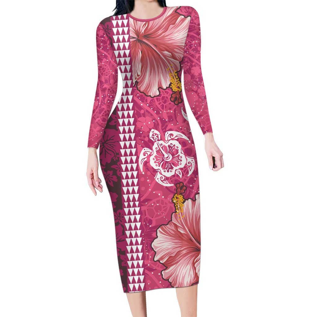 Pink Hibiscus Turle Family Matching Long Sleeve Bodycon Dress and Hawaiian Shirt Hawaiian Style Tribal Tapa Pattern LT9 Mom's Dress Pink - Polynesian Pride