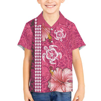 Pink Hibiscus Turle Family Matching Long Sleeve Bodycon Dress and Hawaiian Shirt Hawaiian Style Tribal Tapa Pattern LT9 Son's Shirt Pink - Polynesian Pride