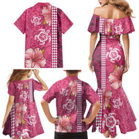 Pink Hibiscus Turle Family Matching Mermaid Dress and Hawaiian Shirt Hawaiian Style Tribal Tapa Pattern LT9 - Polynesian Pride