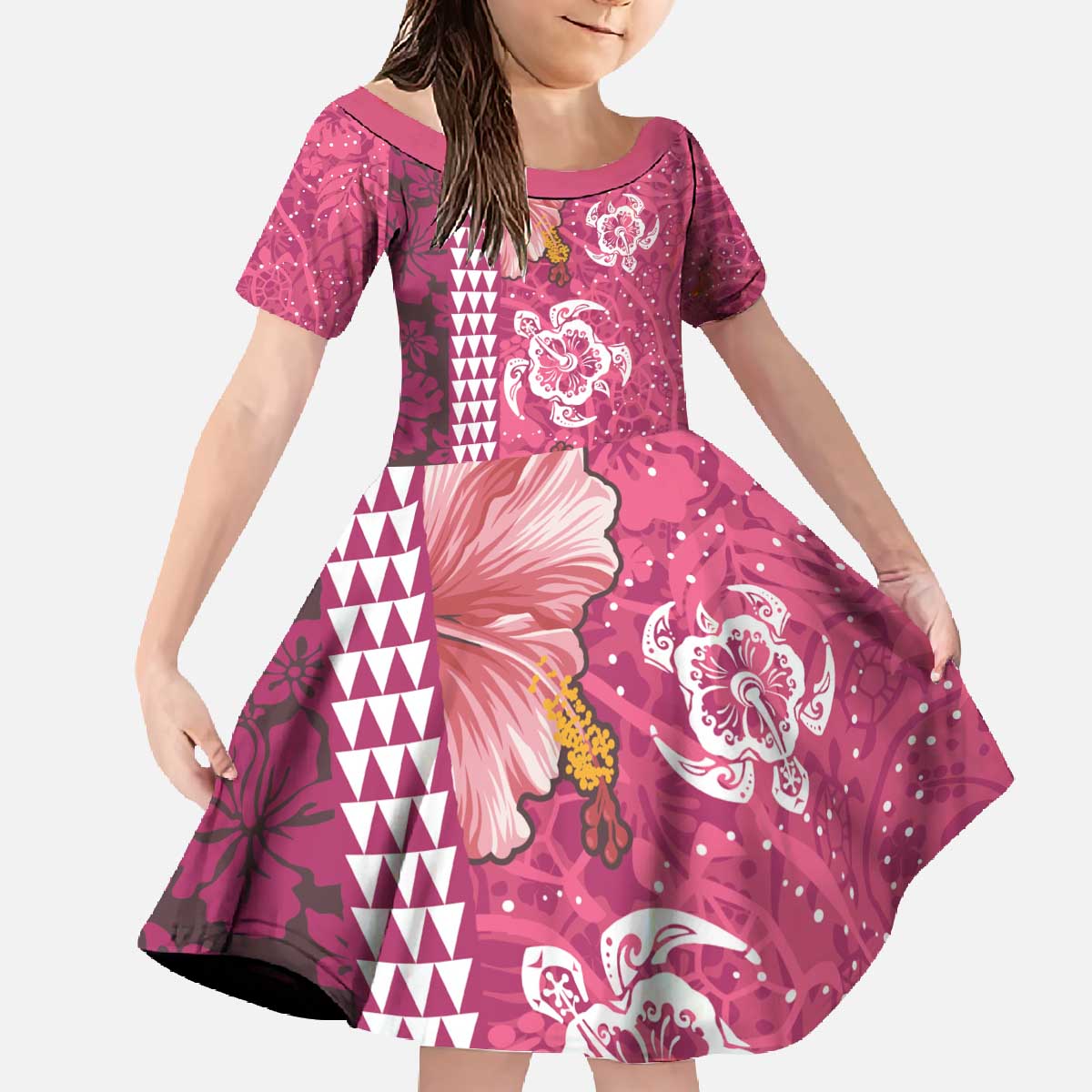 Pink Hibiscus Turle Family Matching Off The Shoulder Long Sleeve Dress and Hawaiian Shirt Hawaiian Style Tribal Tapa Pattern LT9 Daughter's Dress Pink - Polynesian Pride