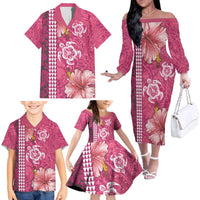 Pink Hibiscus Turle Family Matching Off The Shoulder Long Sleeve Dress and Hawaiian Shirt Hawaiian Style Tribal Tapa Pattern LT9 - Polynesian Pride