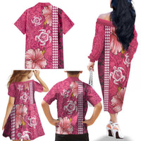 Pink Hibiscus Turle Family Matching Off The Shoulder Long Sleeve Dress and Hawaiian Shirt Hawaiian Style Tribal Tapa Pattern LT9 - Polynesian Pride