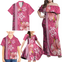 Pink Hibiscus Turle Family Matching Off Shoulder Maxi Dress and Hawaiian Shirt Hawaiian Style Tribal Tapa Pattern LT9 - Polynesian Pride