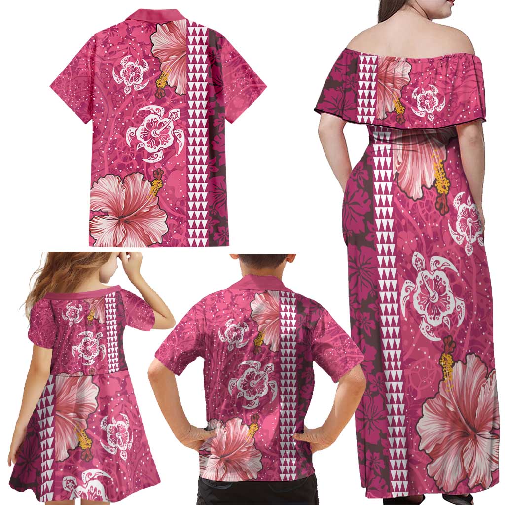 Pink Hibiscus Turle Family Matching Off Shoulder Maxi Dress and Hawaiian Shirt Hawaiian Style Tribal Tapa Pattern LT9 - Polynesian Pride