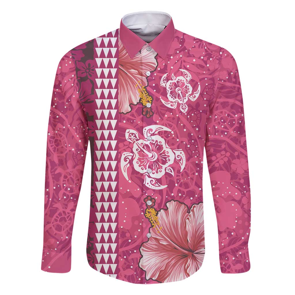 Pink Hibiscus Turle Family Matching Off Shoulder Maxi Dress and Hawaiian Shirt Hawaiian Style Tribal Tapa Pattern LT9 Dad's Shirt - Long Sleeve Pink - Polynesian Pride