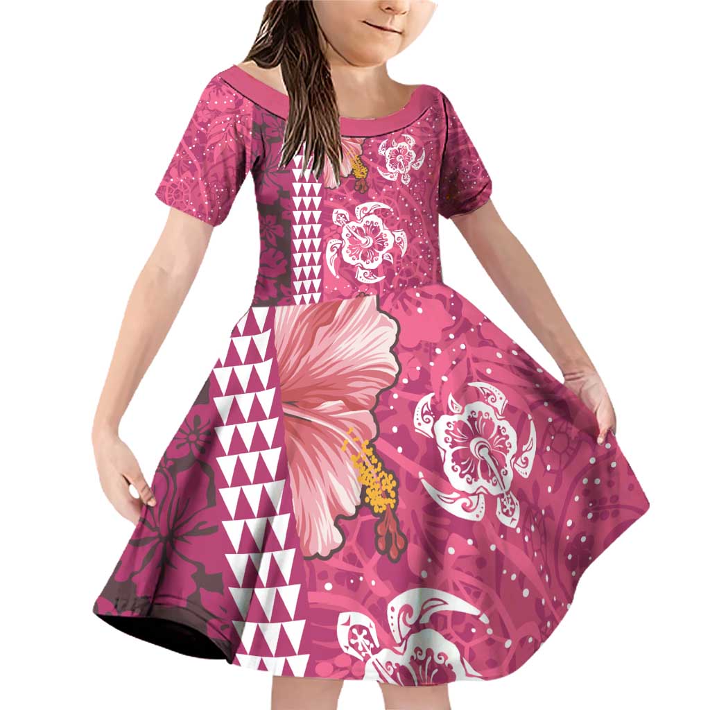 Pink Hibiscus Turle Family Matching Off Shoulder Short Dress and Hawaiian Shirt Hawaiian Style Tribal Tapa Pattern LT9 Daughter's Dress Pink - Polynesian Pride