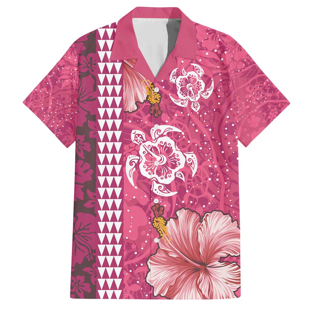 Pink Hibiscus Turle Family Matching Off Shoulder Short Dress and Hawaiian Shirt Hawaiian Style Tribal Tapa Pattern LT9 Dad's Shirt - Short Sleeve Pink - Polynesian Pride