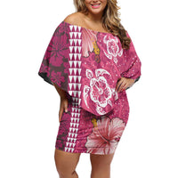 Pink Hibiscus Turle Family Matching Off Shoulder Short Dress and Hawaiian Shirt Hawaiian Style Tribal Tapa Pattern LT9 Mom's Dress Pink - Polynesian Pride