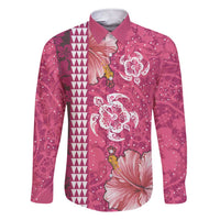 Pink Hibiscus Turle Family Matching Short Sleeve Bodycon Dress and Hawaiian Shirt Hawaiian Style Tribal Tapa Pattern LT9 Dad's Shirt - Long Sleeve Pink - Polynesian Pride