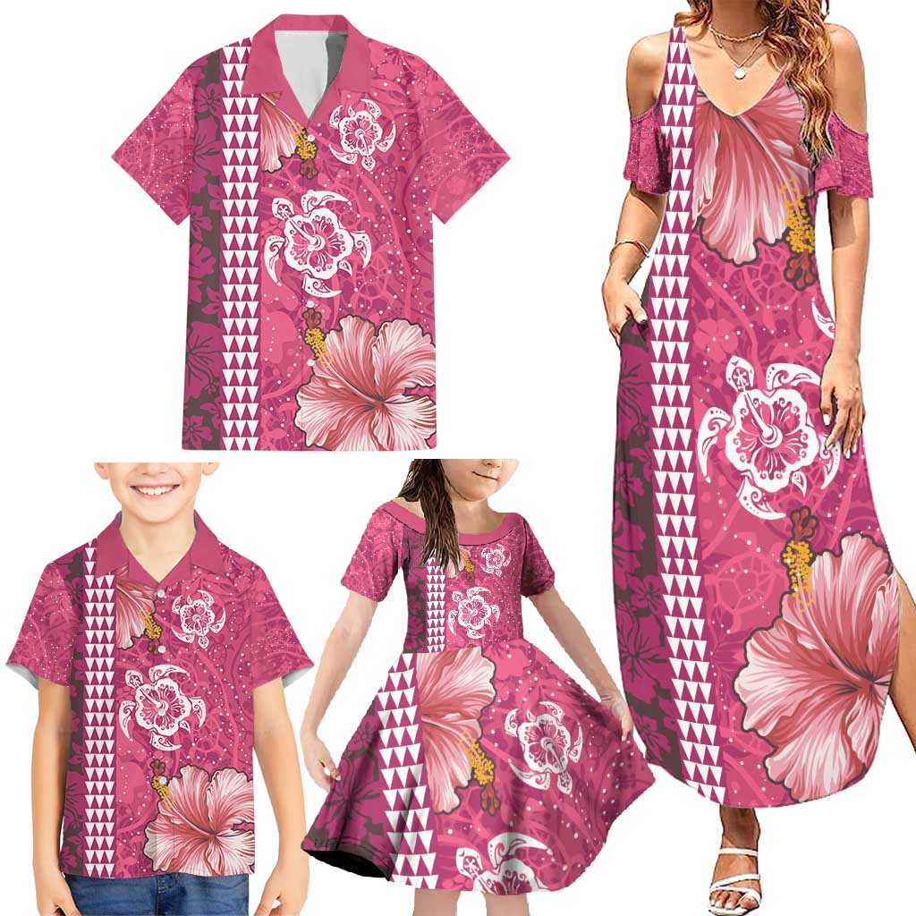 Pink Hibiscus Turle Family Matching Summer Maxi Dress and Hawaiian Shirt Hawaiian Style Tribal Tapa Pattern LT9 - Polynesian Pride