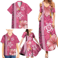 Pink Hibiscus Turle Family Matching Summer Maxi Dress and Hawaiian Shirt Hawaiian Style Tribal Tapa Pattern LT9 - Polynesian Pride