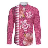 Pink Hibiscus Turle Family Matching Summer Maxi Dress and Hawaiian Shirt Hawaiian Style Tribal Tapa Pattern LT9 Dad's Shirt - Long Sleeve Pink - Polynesian Pride