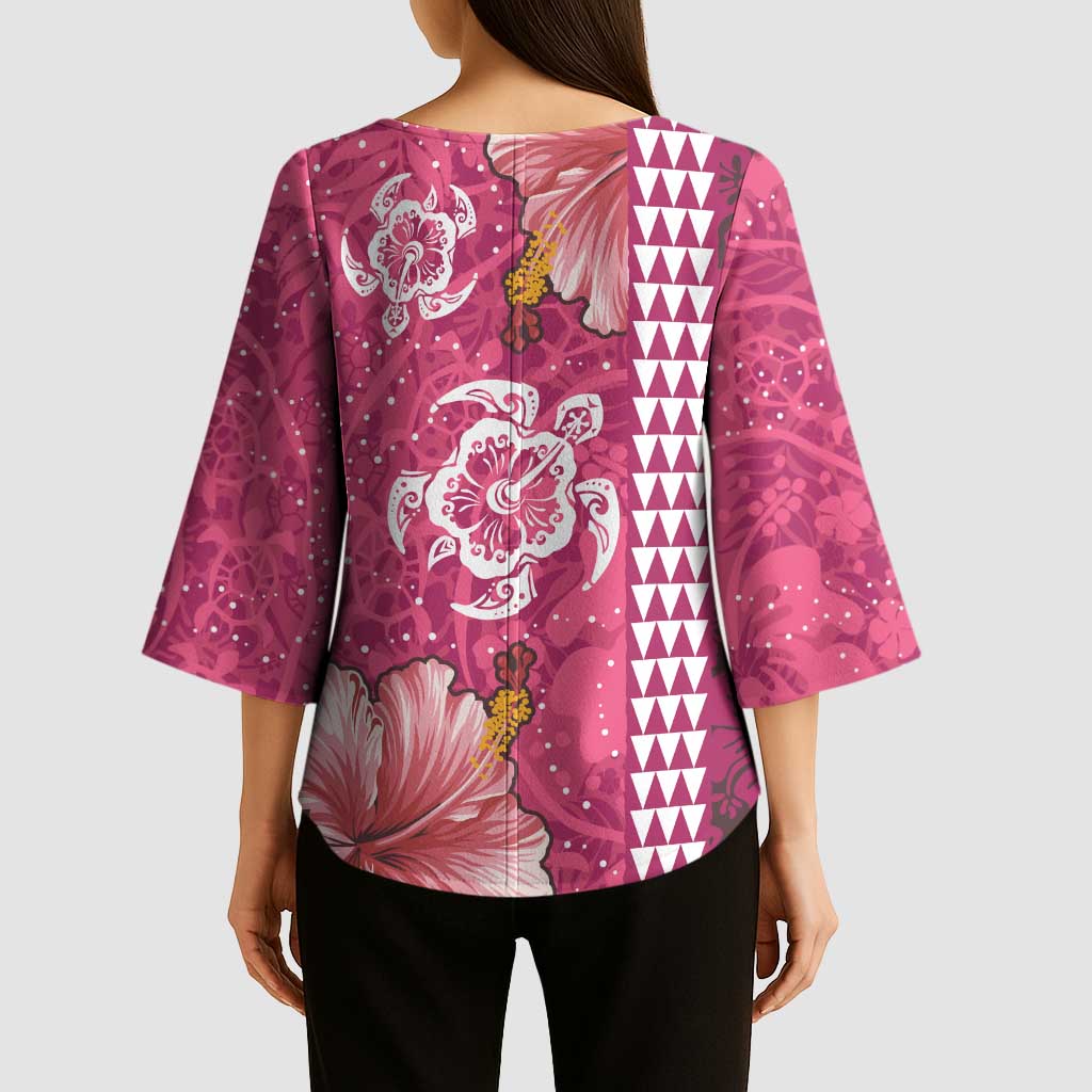Pink Hibiscus Turle Kimono Sleeve Blouse Hawaiian Style Tribal Tapa Pattern - Polynesian Pride