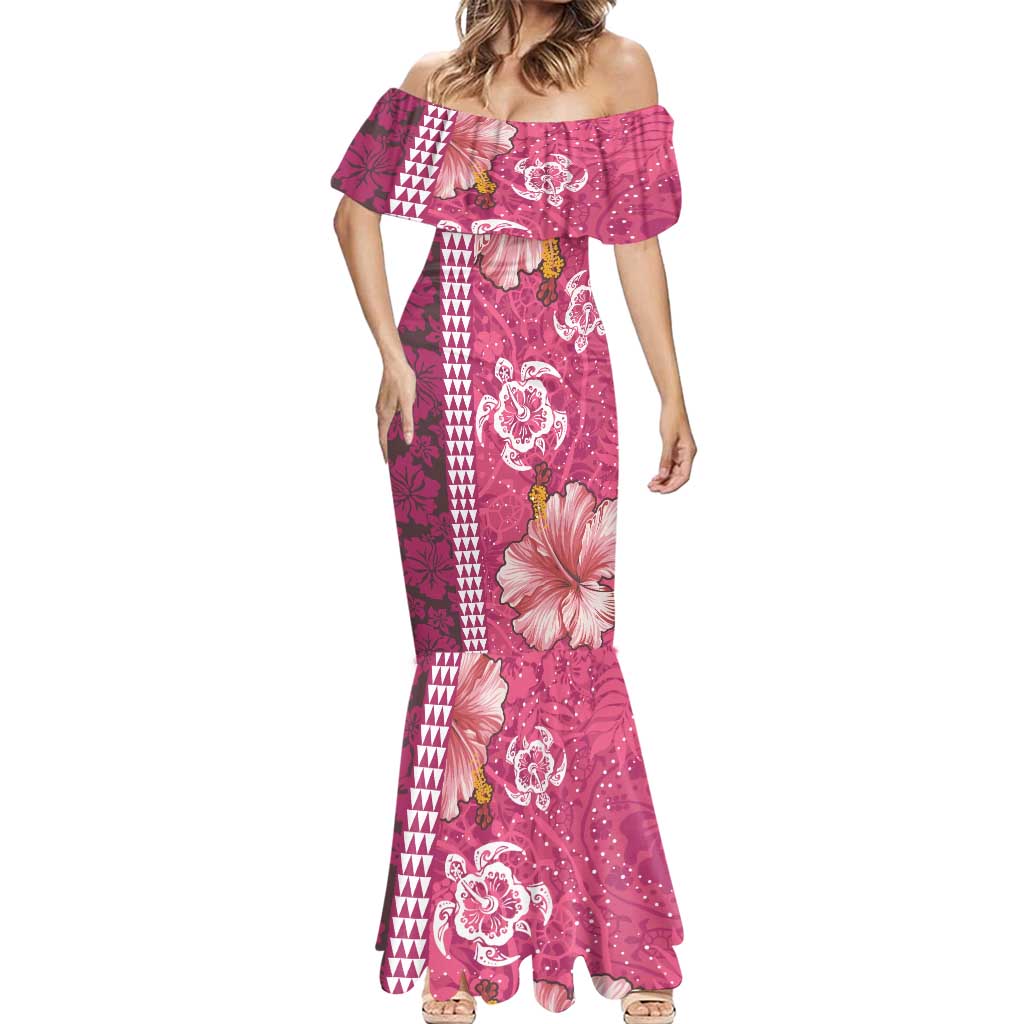 Pink Hibiscus Turle Mermaid Dress Hawaiian Style Tribal Tapa Pattern LT9 - Polynesian Pride