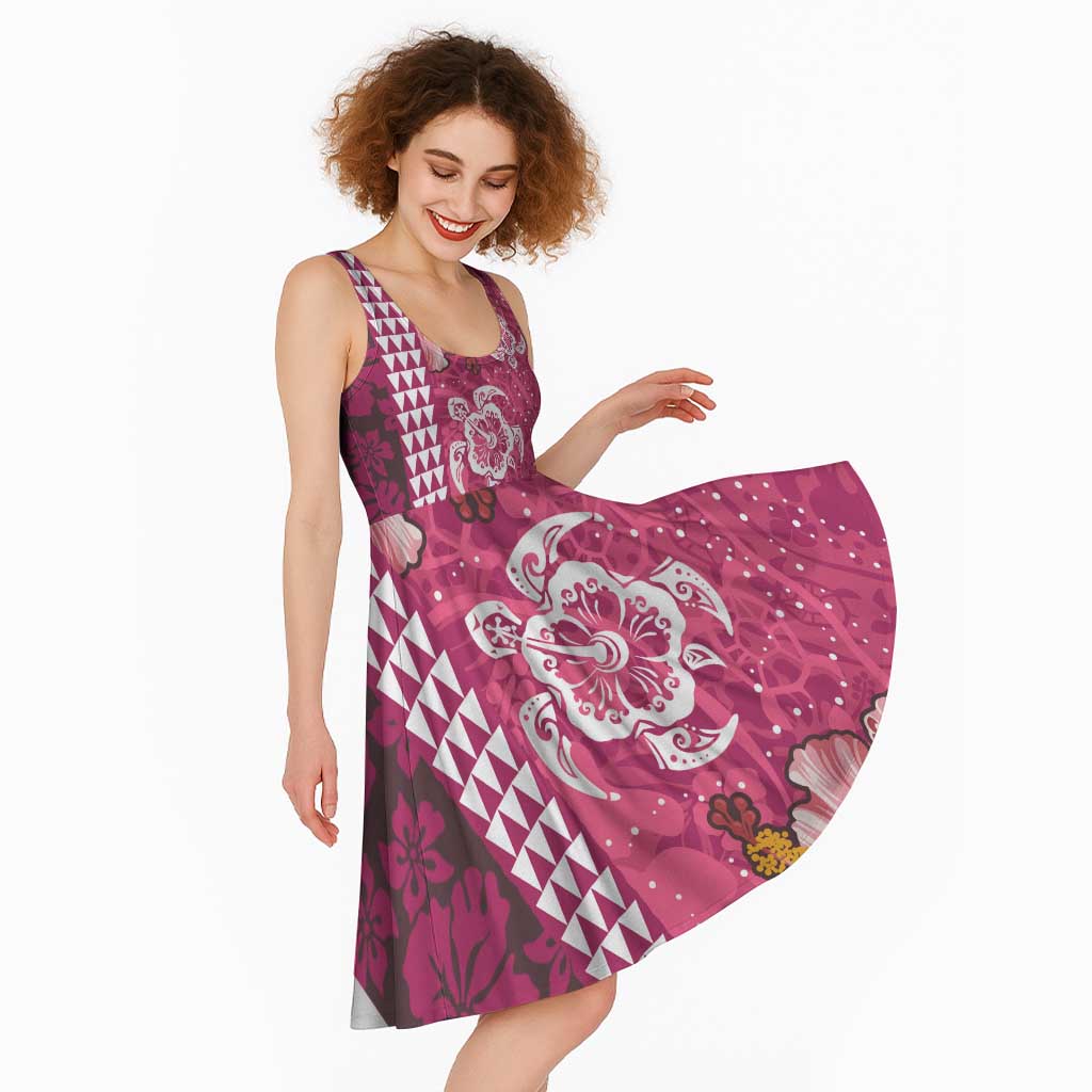 Pink Hibiscus Turle Midi Dress Hawaiian Style Tribal Tapa Pattern - Polynesian Pride