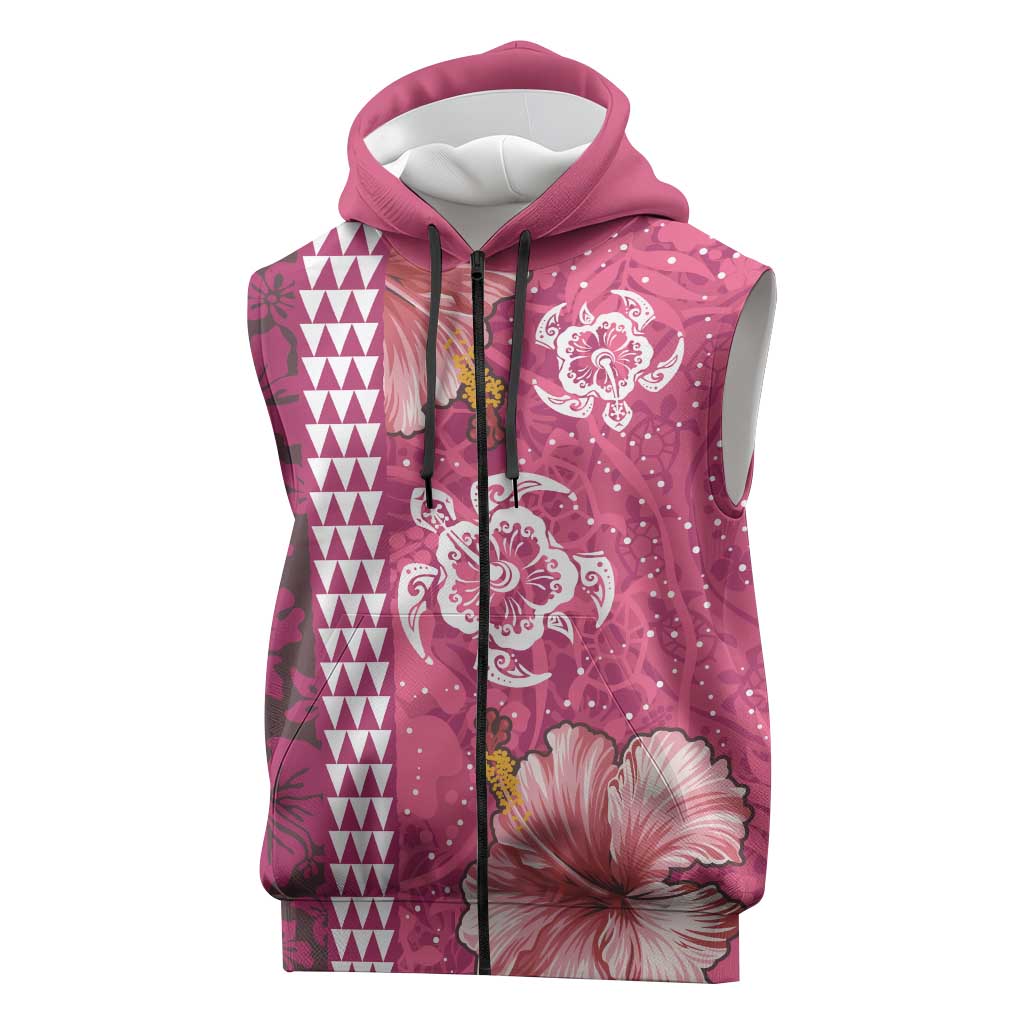 Pink Hibiscus Turle Sleeveless Zip Hoodie Hawaiian Style Tribal Tapa Pattern - Polynesian Pride