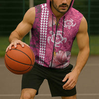 Pink Hibiscus Turle Sleeveless Zip Hoodie Hawaiian Style Tribal Tapa Pattern - Polynesian Pride