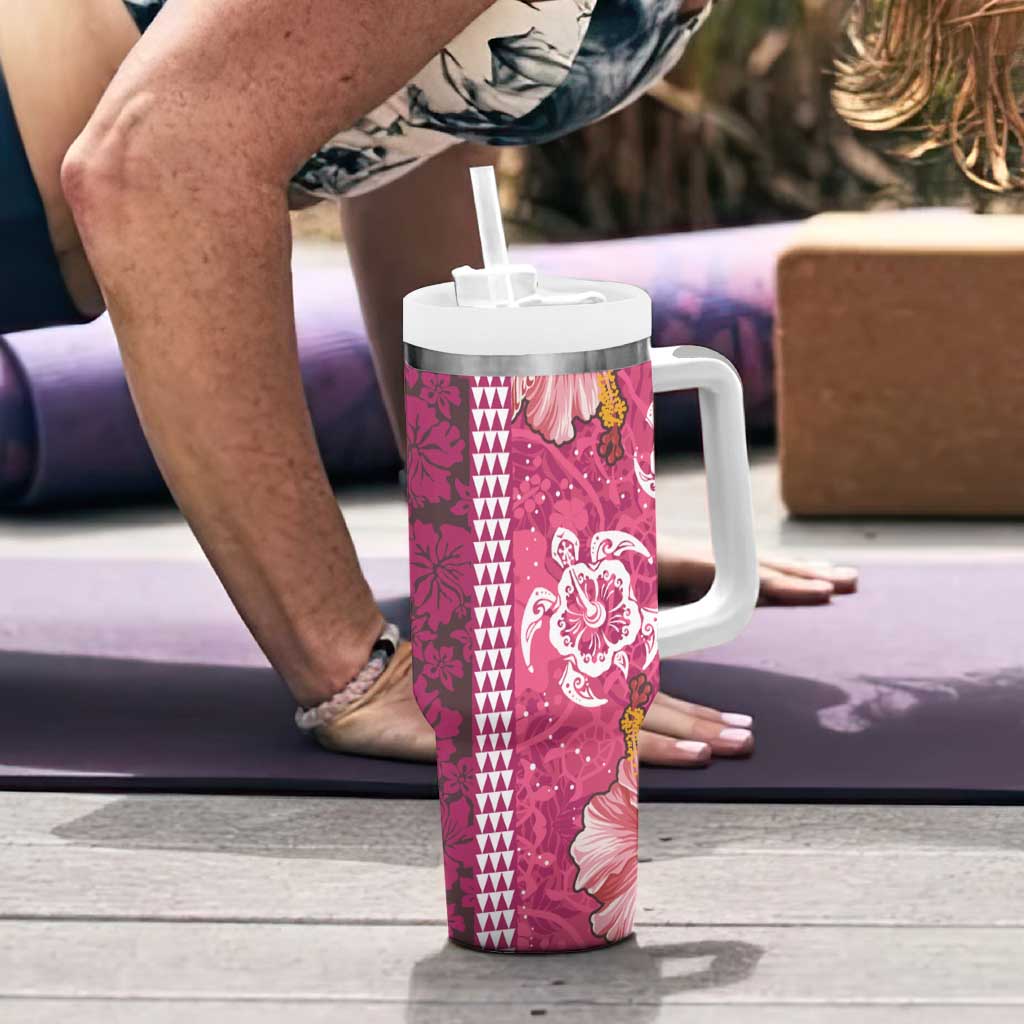 Pink Hibiscus Turle Tumbler With Handle Hawaiian Style Tribal Tapa Pattern