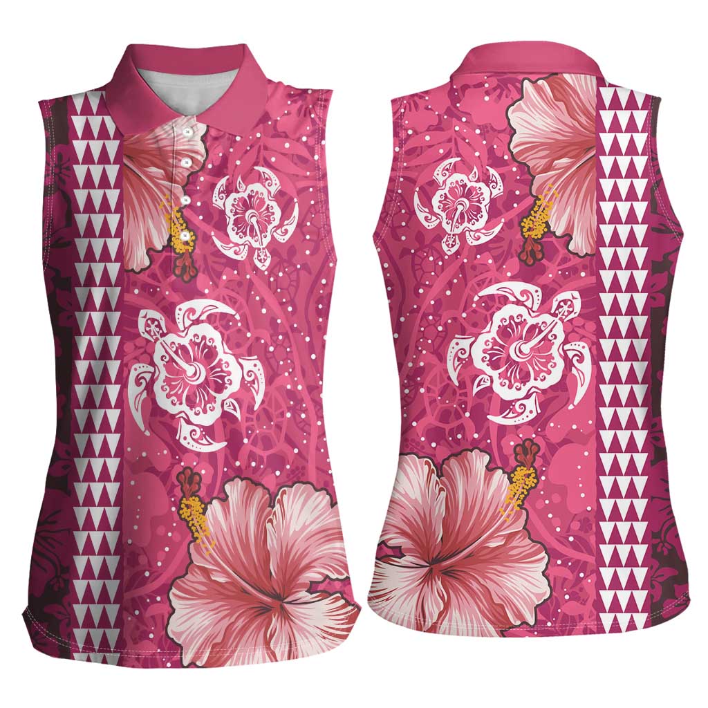 Pink Hibiscus Turle Women Sleeveless Polo Shirt Hawaiian Style Tribal Tapa Pattern