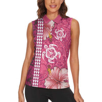 Pink Hibiscus Turle Women Sleeveless Polo Shirt Hawaiian Style Tribal Tapa Pattern