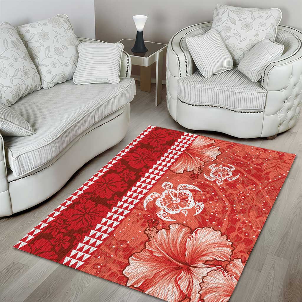 Red Hibiscus Turle Area Rug Hawaiian Style Tribal Tapa Pattern