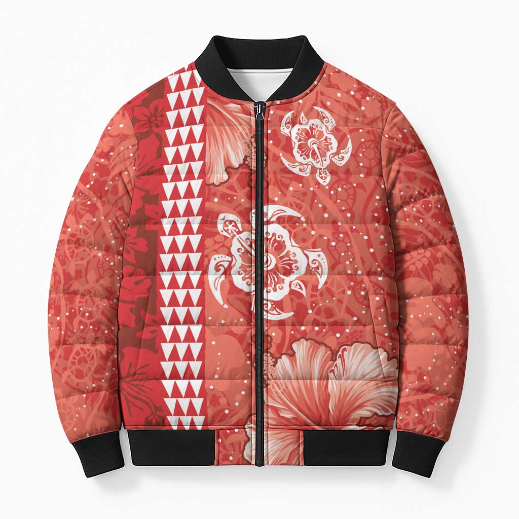 Red Hibiscus Turle Bomber Puffer Jacket Hawaiian Style Tribal Tapa Pattern LT9 Unisex Red - Polynesian Pride