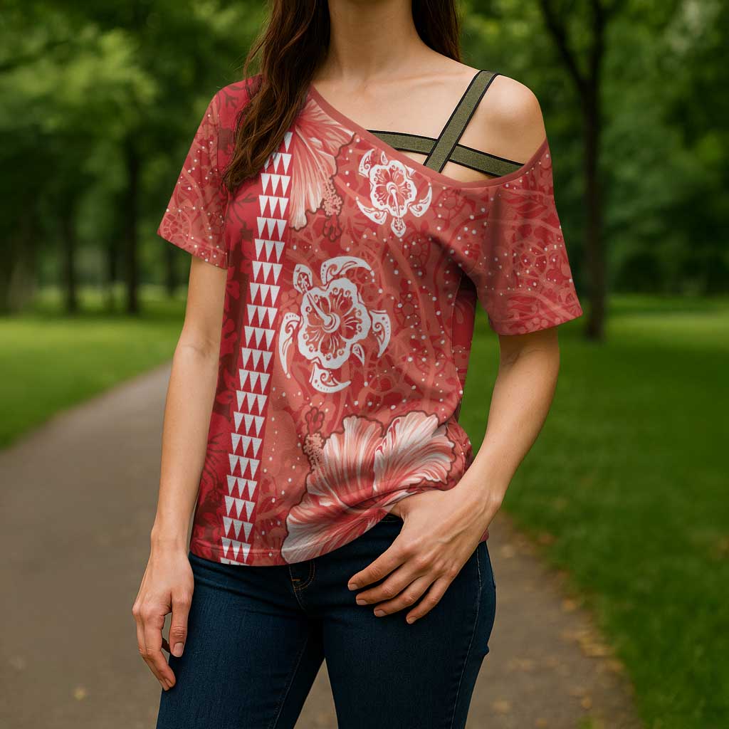 Red Hibiscus Turle Cross Shoulder Shirt Hawaiian Style Tribal Tapa Pattern - Polynesian Pride