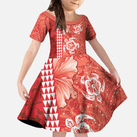 Red Hibiscus Turle Family Matching Off The Shoulder Long Sleeve Dress and Hawaiian Shirt Hawaiian Style Tribal Tapa Pattern LT9 Daughter's Dress Red - Polynesian Pride